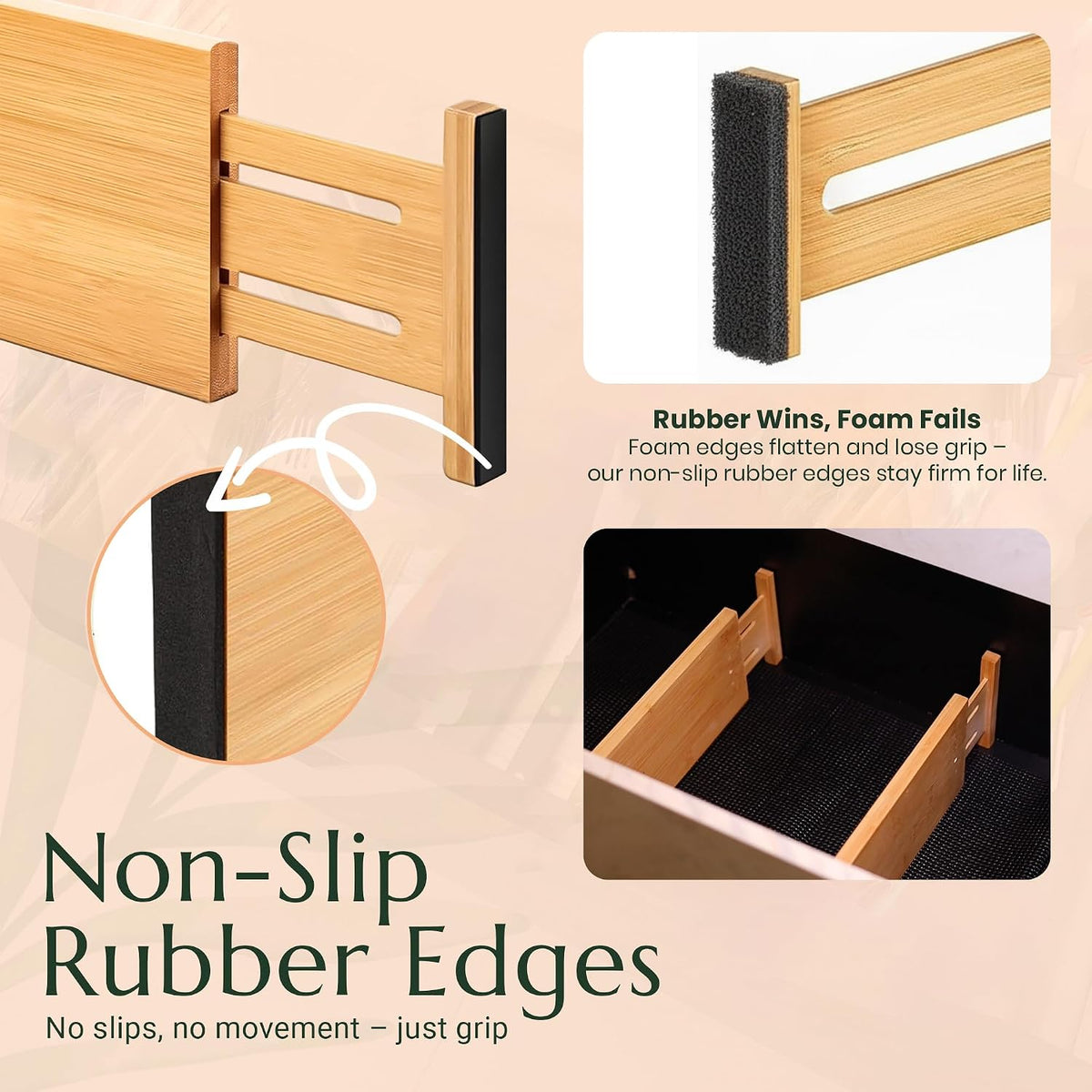 Bamboo Drawer Dividers 6 Pack with Non Slip Liner, Adjustable Expandable Draw...