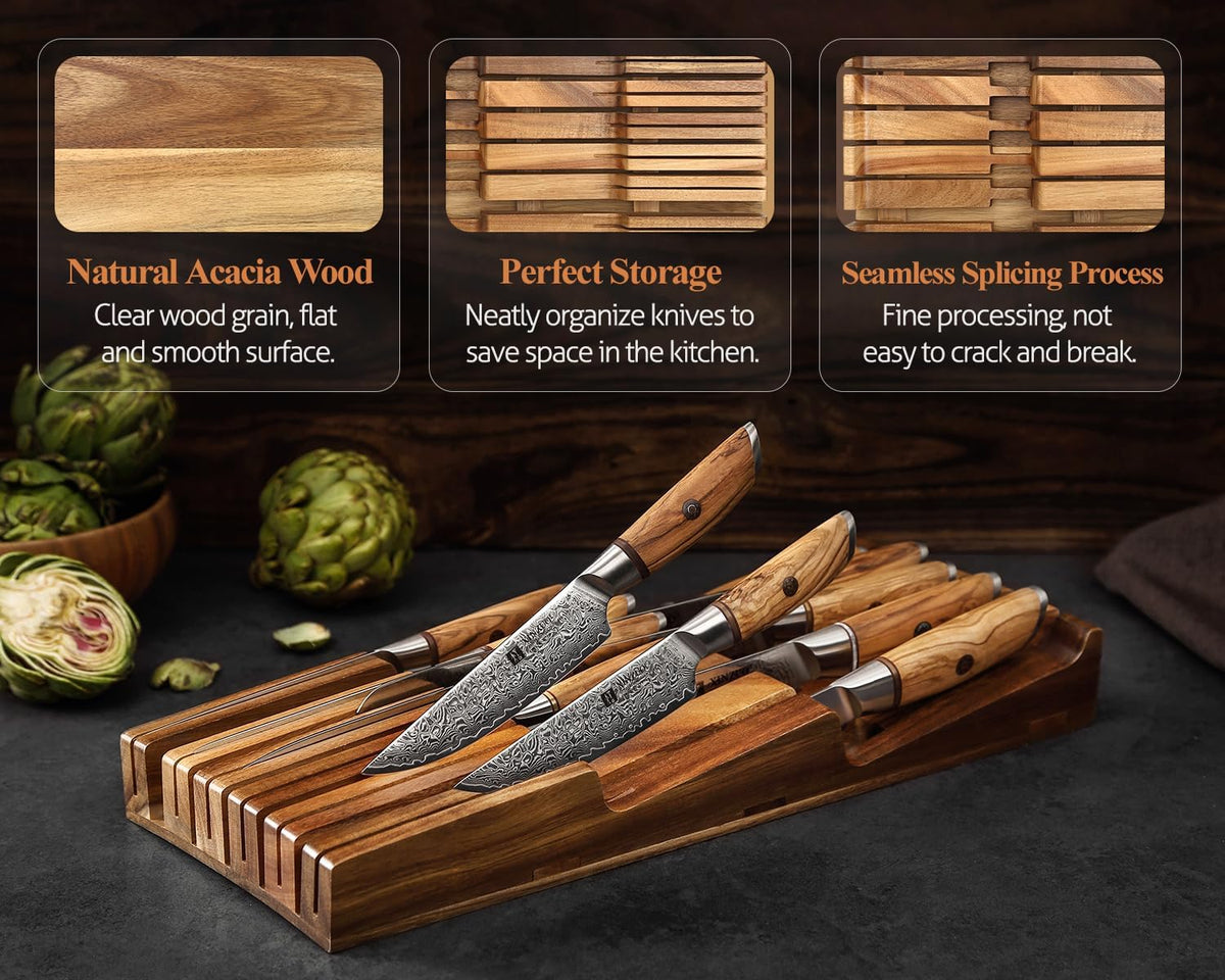 XINZUO In-drawer Knife Block, Natural Acacia Knife Drawer Oganizer, Insert-Ki...
