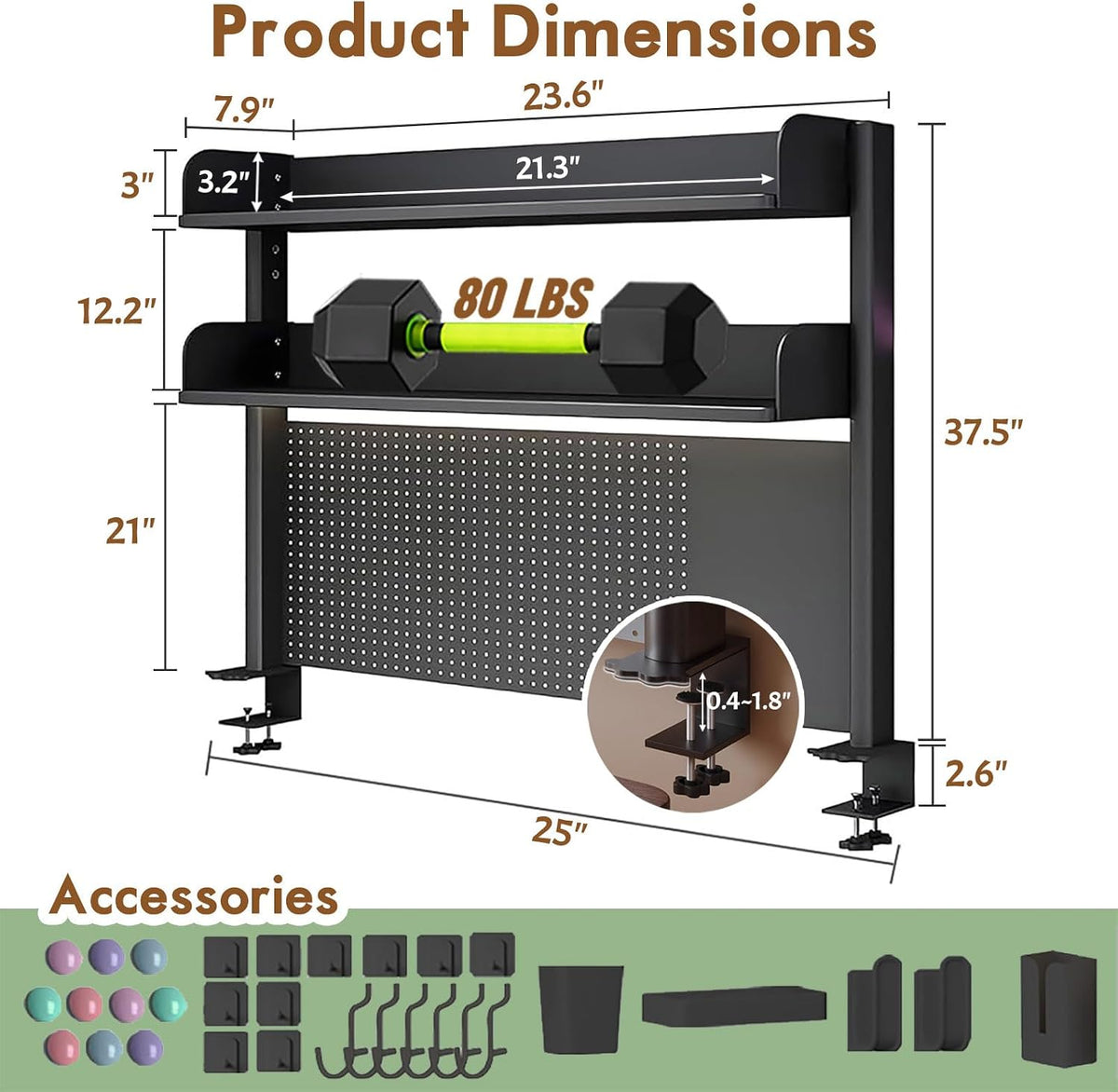 Clamp On Desk Shelf Organizer with Pegboard Desk Hutch Dorm with Storage Book...
