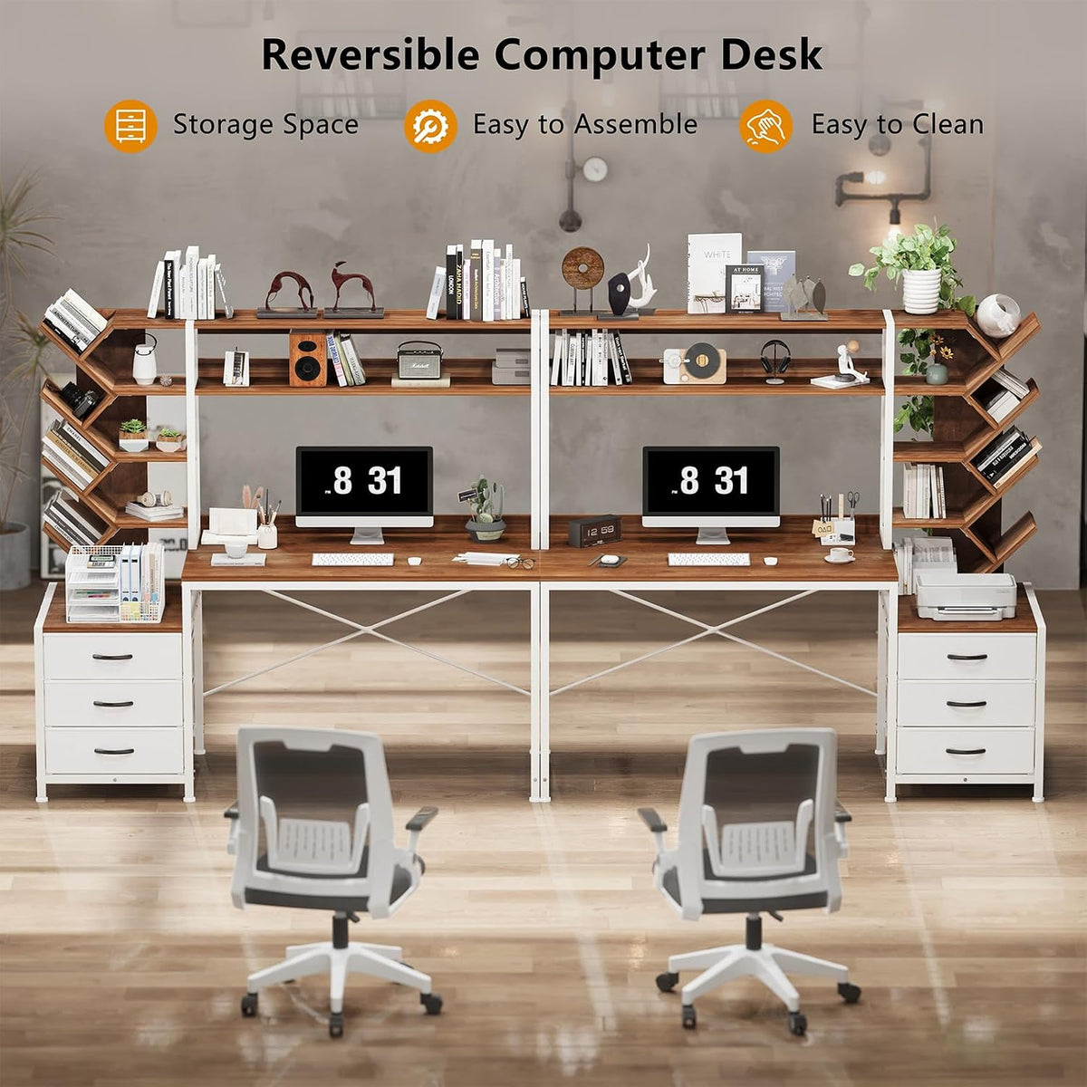 YOMILUVE 52" Computer Desk with Bookshelf, 3 Drawers & Hutch for Bedroom