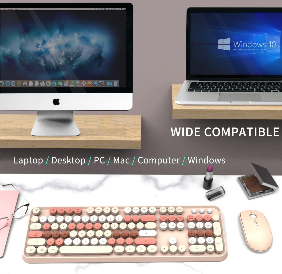 FOPETT Wireless Keyboard and Mouse Combo - 2.4G Full-Sized Cute Colorful Mous...