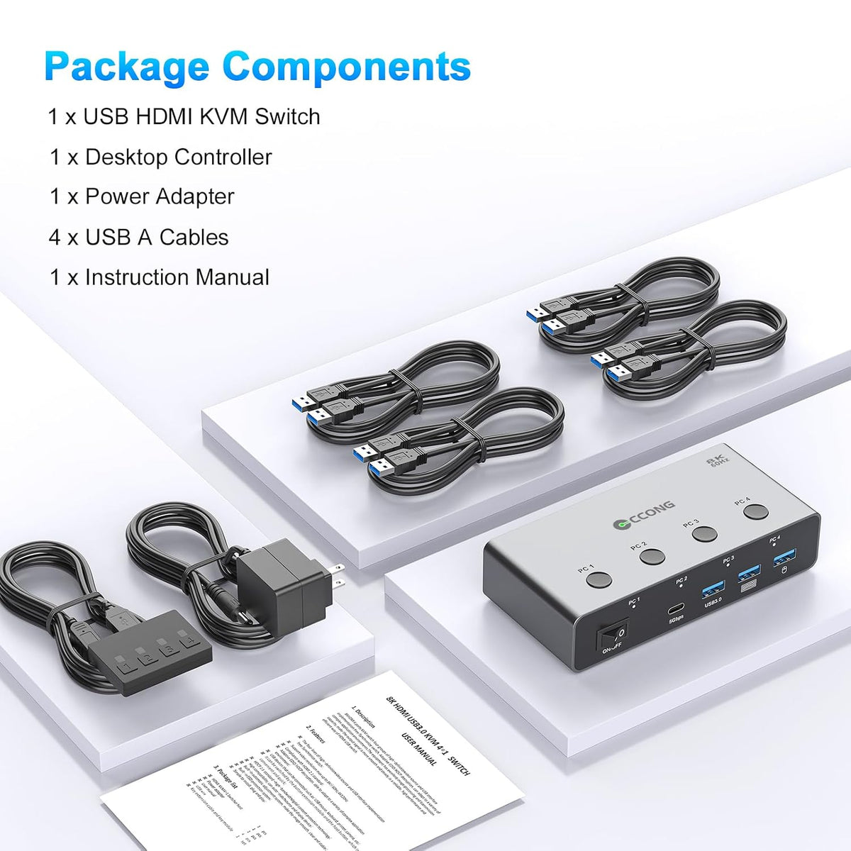 5G USB3.0 HDMI KVM Switch 4 Computers 1 Monitor, KVM Switch 4 Port,8K60Hz