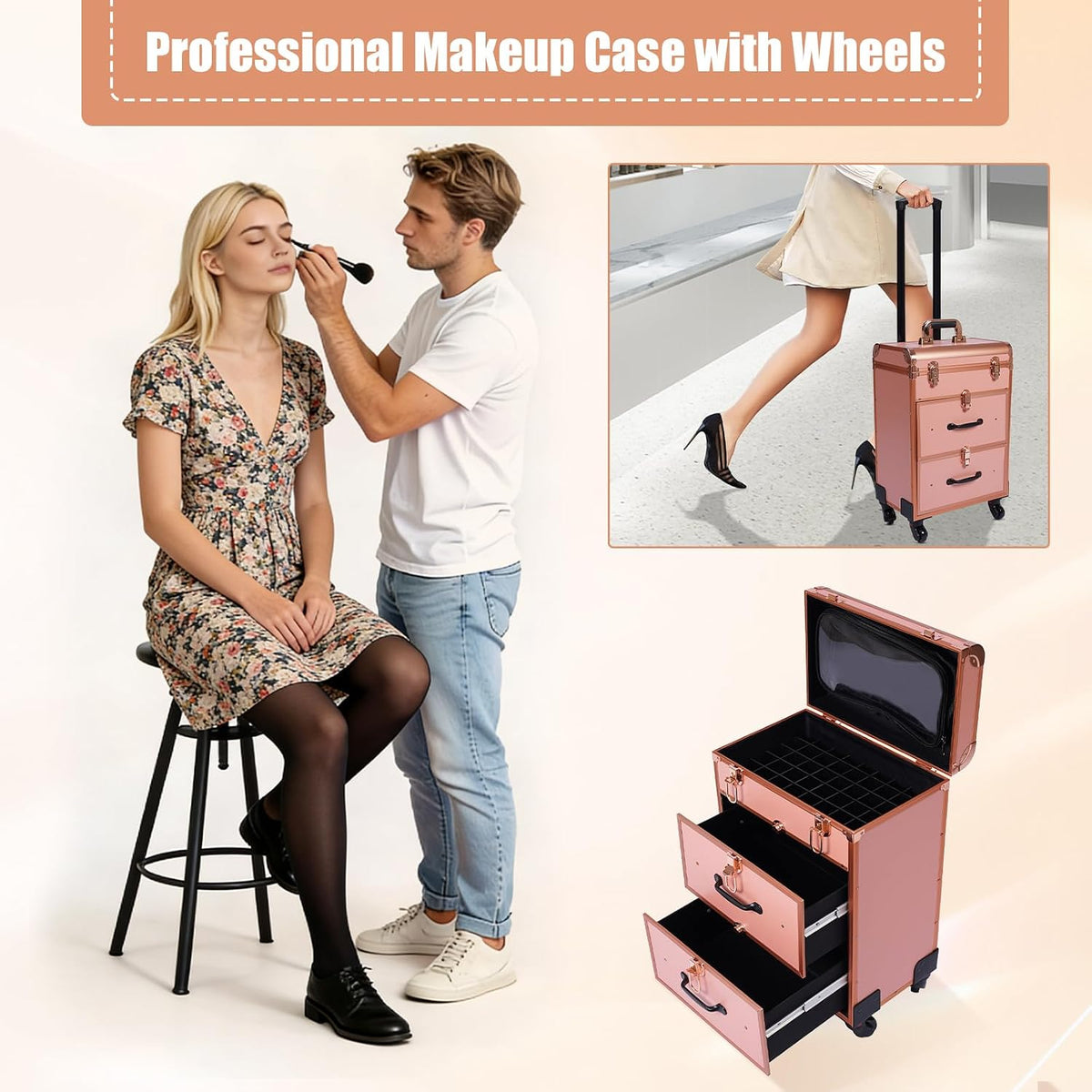 3 in 1 Cosmetic Train Cases Rolling on Wheels Makeup Train Case ๐ฐ๐ข๐ญ๐ก ๐๐ซ๐๐ฐ๐๐ซ๐ฌ ...
