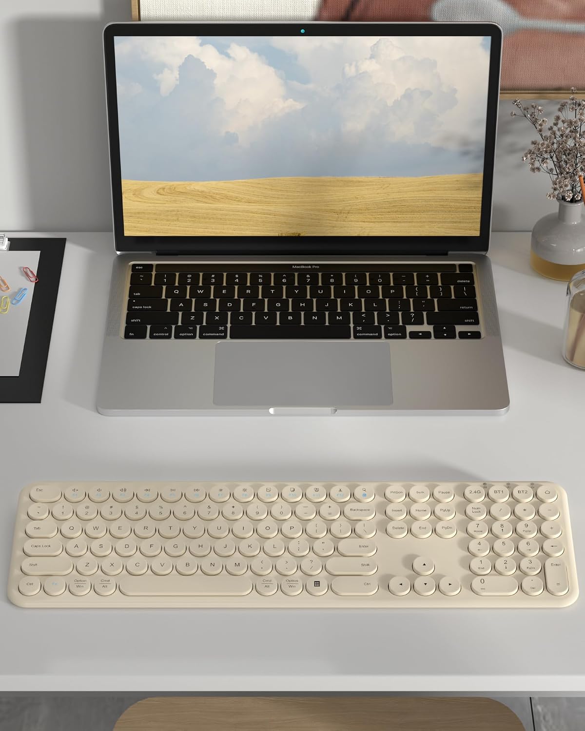 Quiet Wireless Keyboard, Round Keycaps, Low Profile Slim Design (Khaki)
