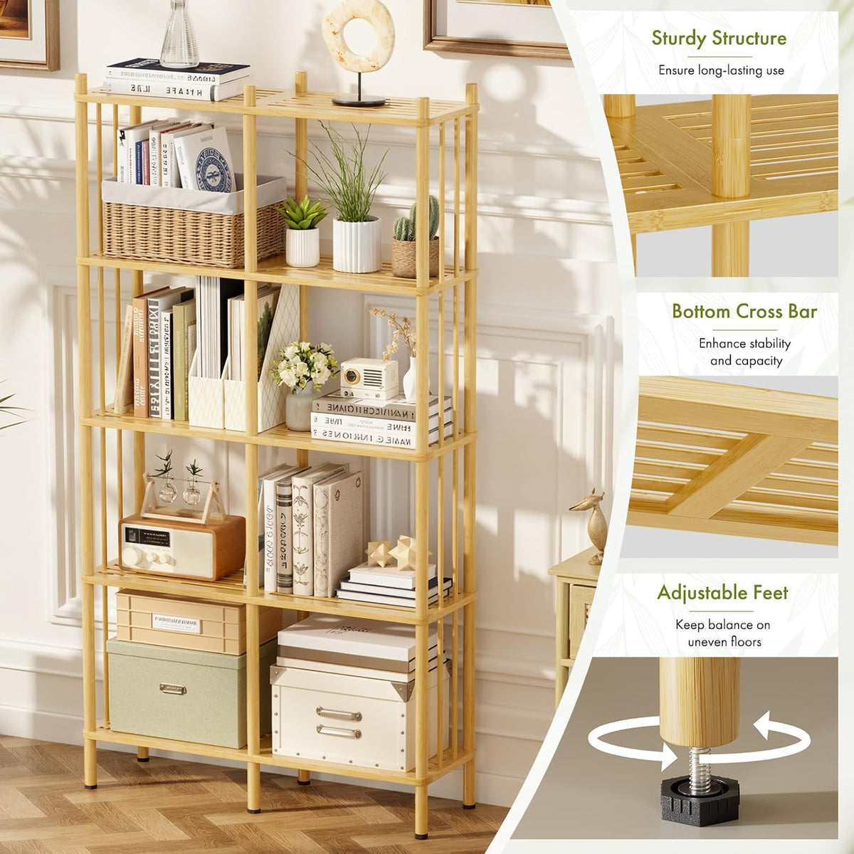 5 Tier Book Shelf, Tall Bamboo Bookcase, Wide Bookshelf with 10 Open Display ...
