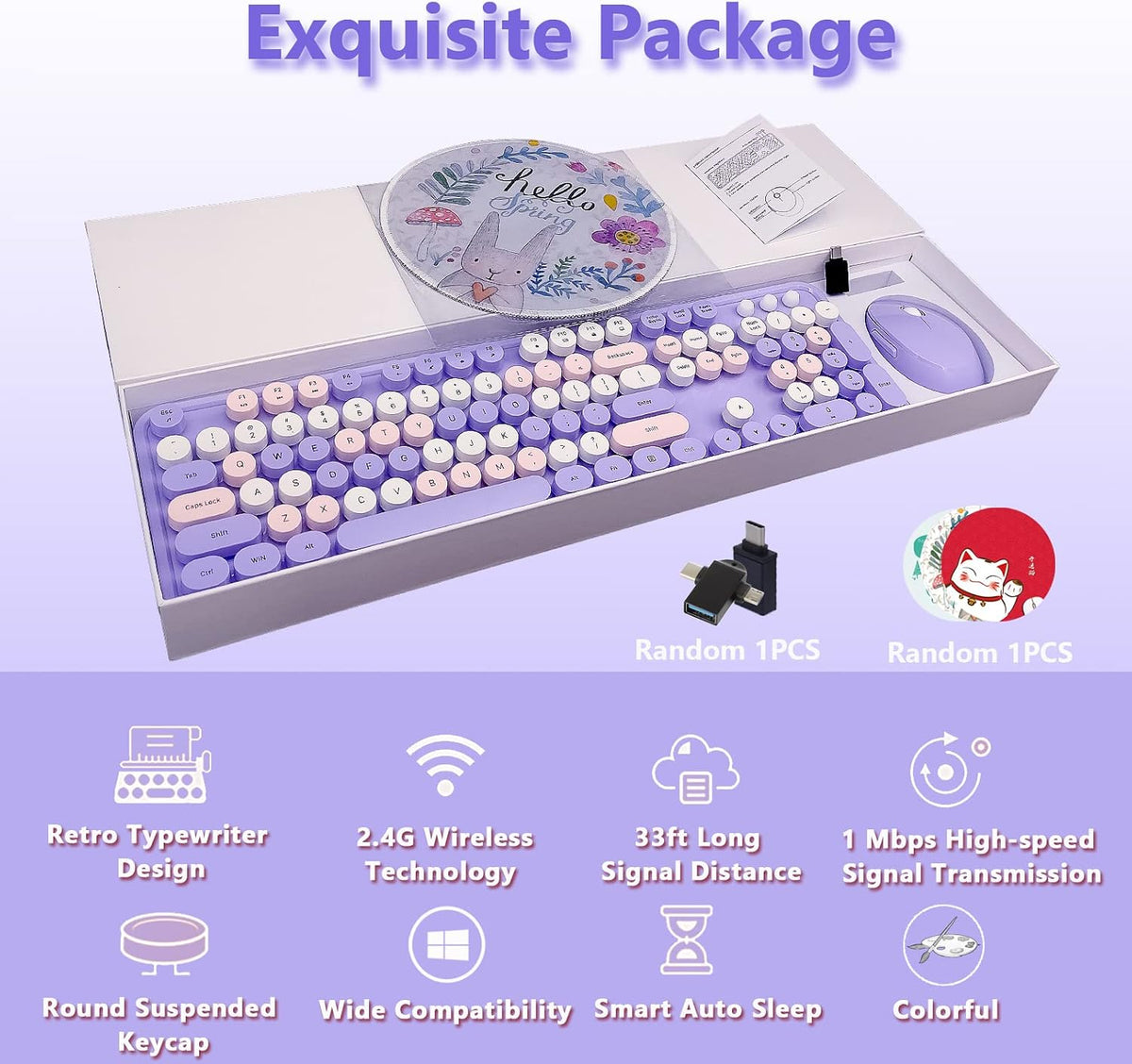 Purple Retro Typewriter Wireless Keyboard and Mouse Combo for Home Office