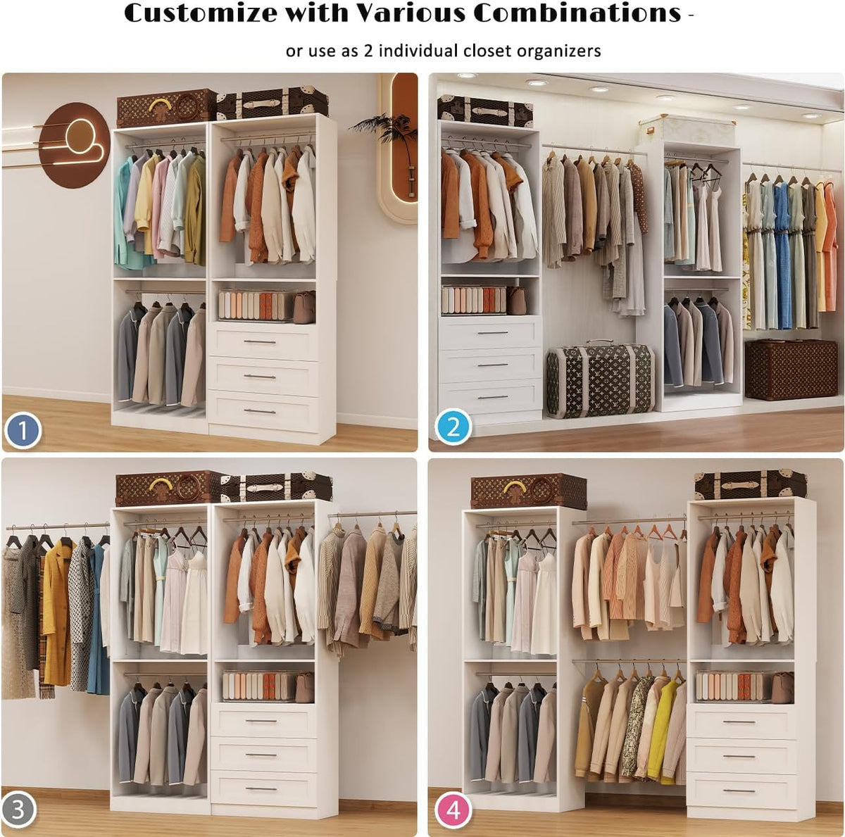 Closet System with 3 Drawers, 4FT-10FT Closet Organizer Systems with 5 Hangin...