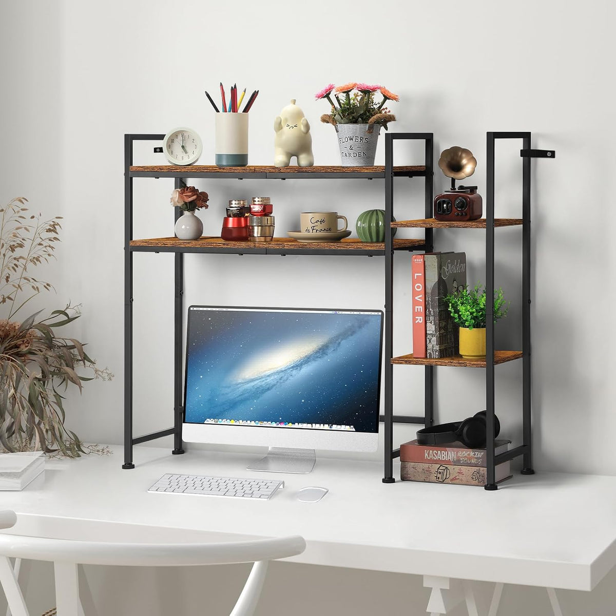 YBING Desktop Bookshelf, 4 Tier Desk Hutch Dorm Wood, Rustic Brown