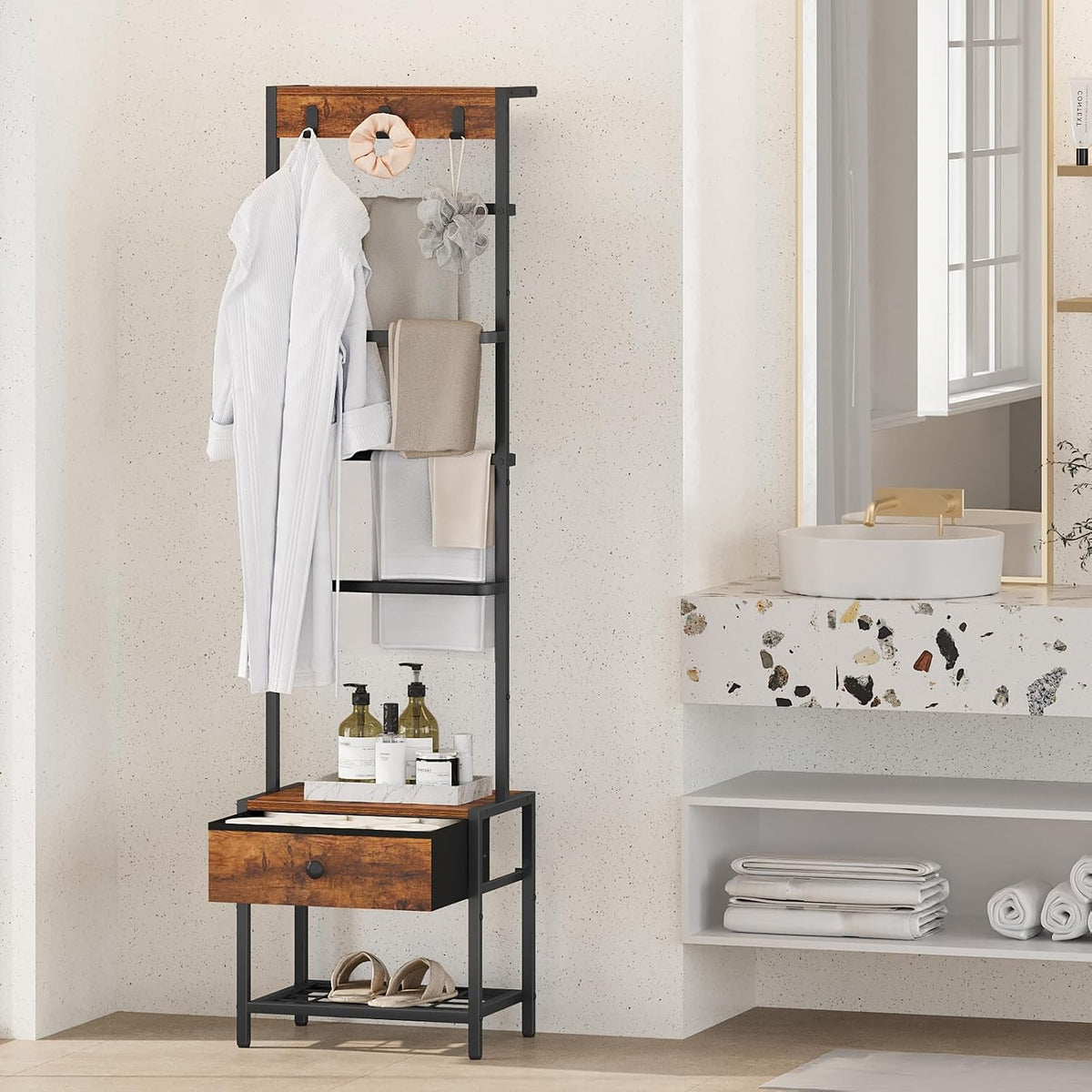 Snughome 8-Tier Blanket Ladder with Storage Drawer & Hooks for Living Room