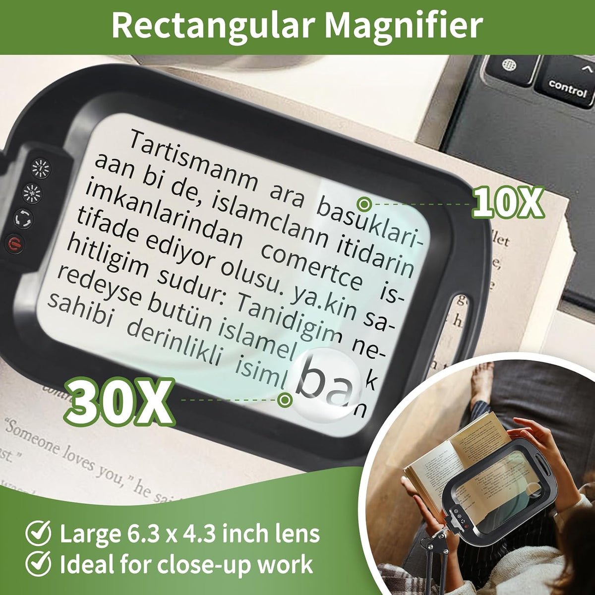 10X 30X Large Square Magnifying Glass with Light and Stand/Clamp