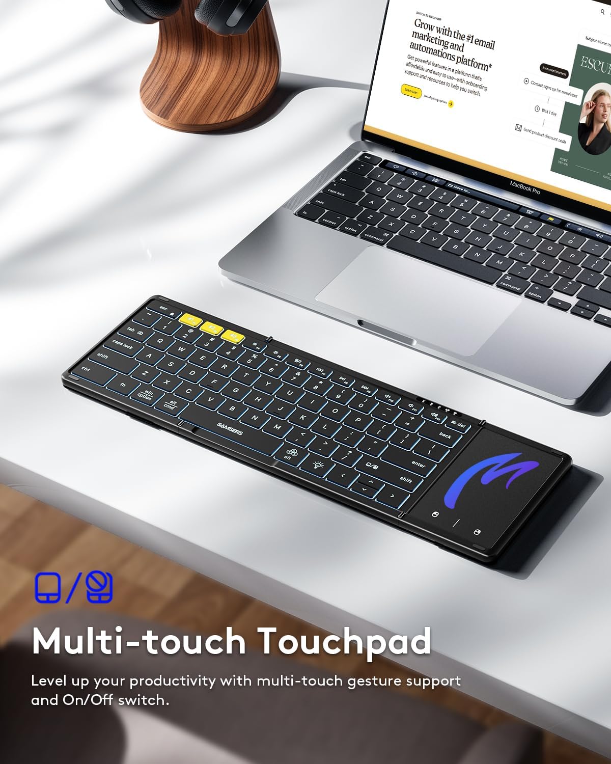 Samsers Full-Size Backlit Foldable Bluetooth Keyboard with Touchpad, Black