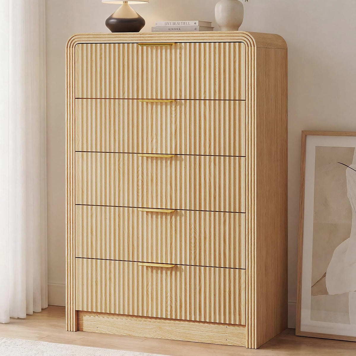 Decofy Fluted Wood Dresser 5 Drawers 48" Tall Curved Modern Chest Organizer
