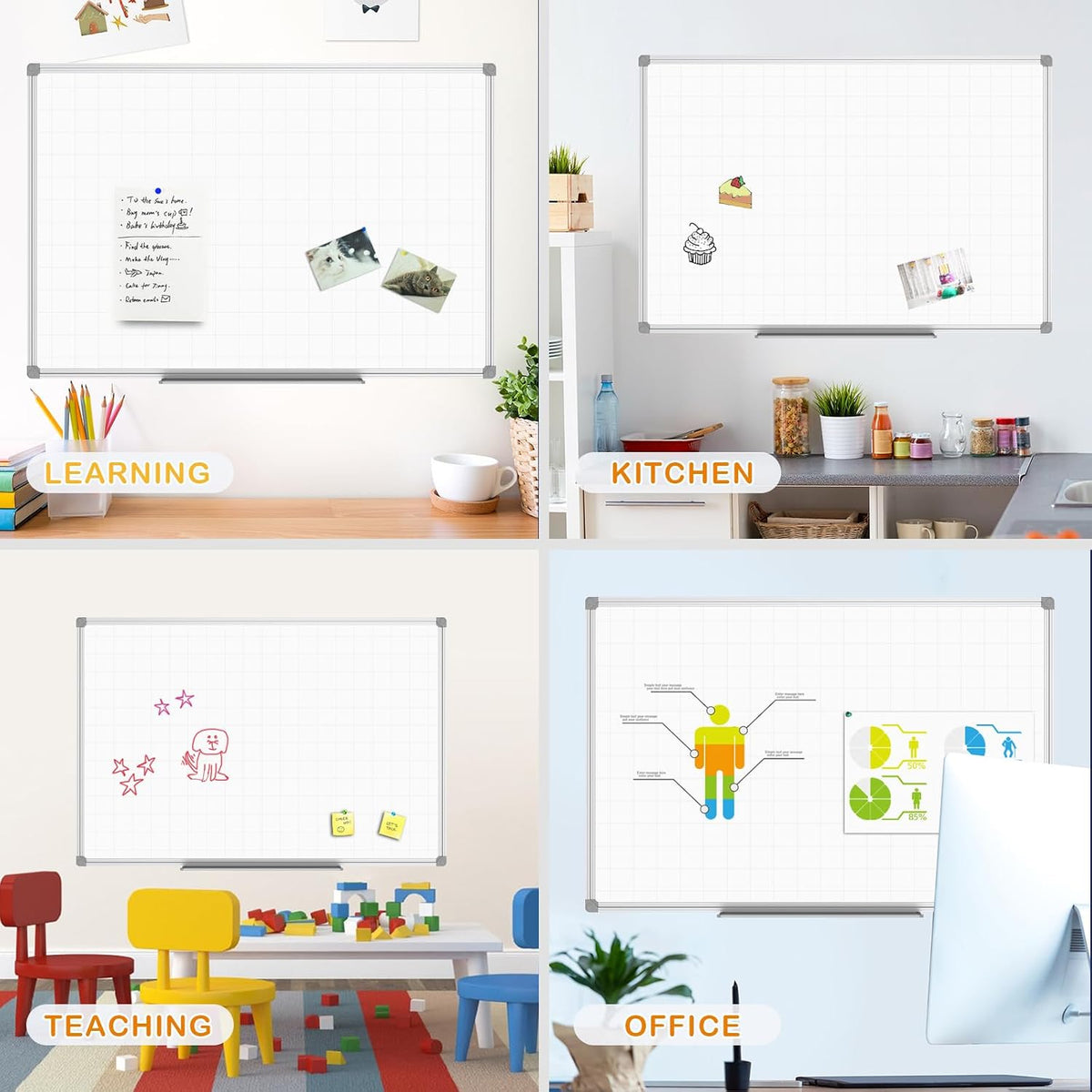 JILoffice Magnetic Dry Erase Planning Board, Grid Pattern White Board 36 x 24...
