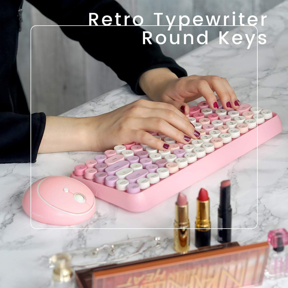 Perixx PERIDUO-713 Wireless Mini Keyboard and Mouse Combo, Retro Round Key Ca...