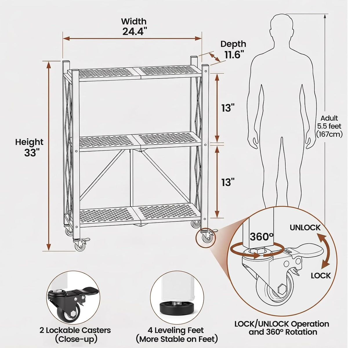 ALANNG 3 Tier Folding Shelf on Wheels, Heavy Duty Rolling Storage Cart