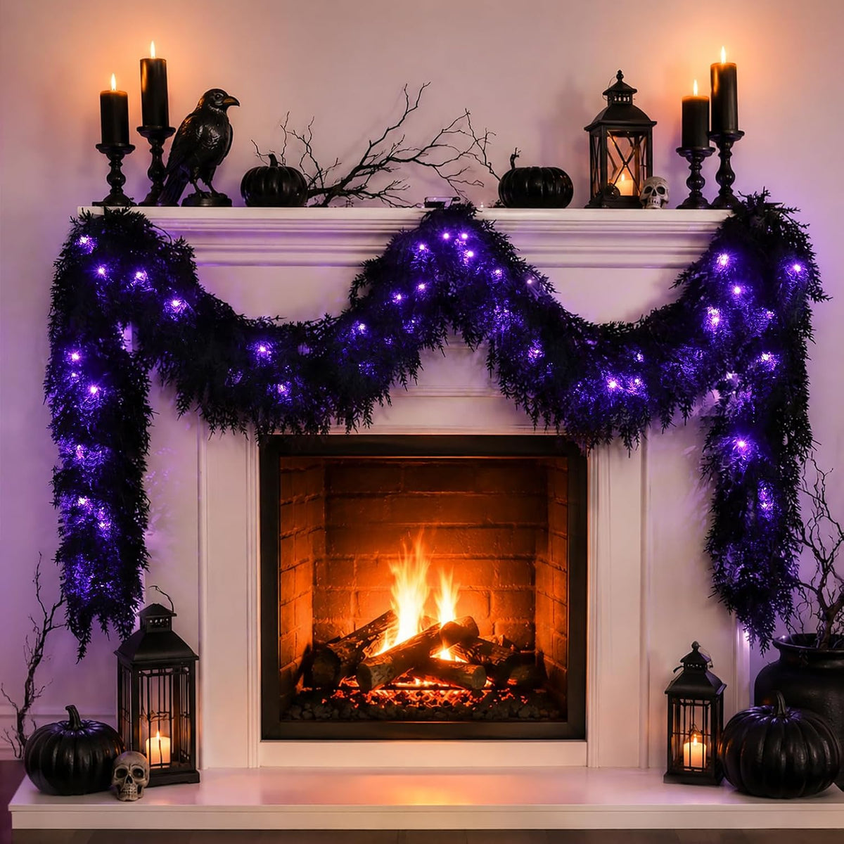 9FT Black Halloween Garland with Lights Realistic Prelit Christmas Garland