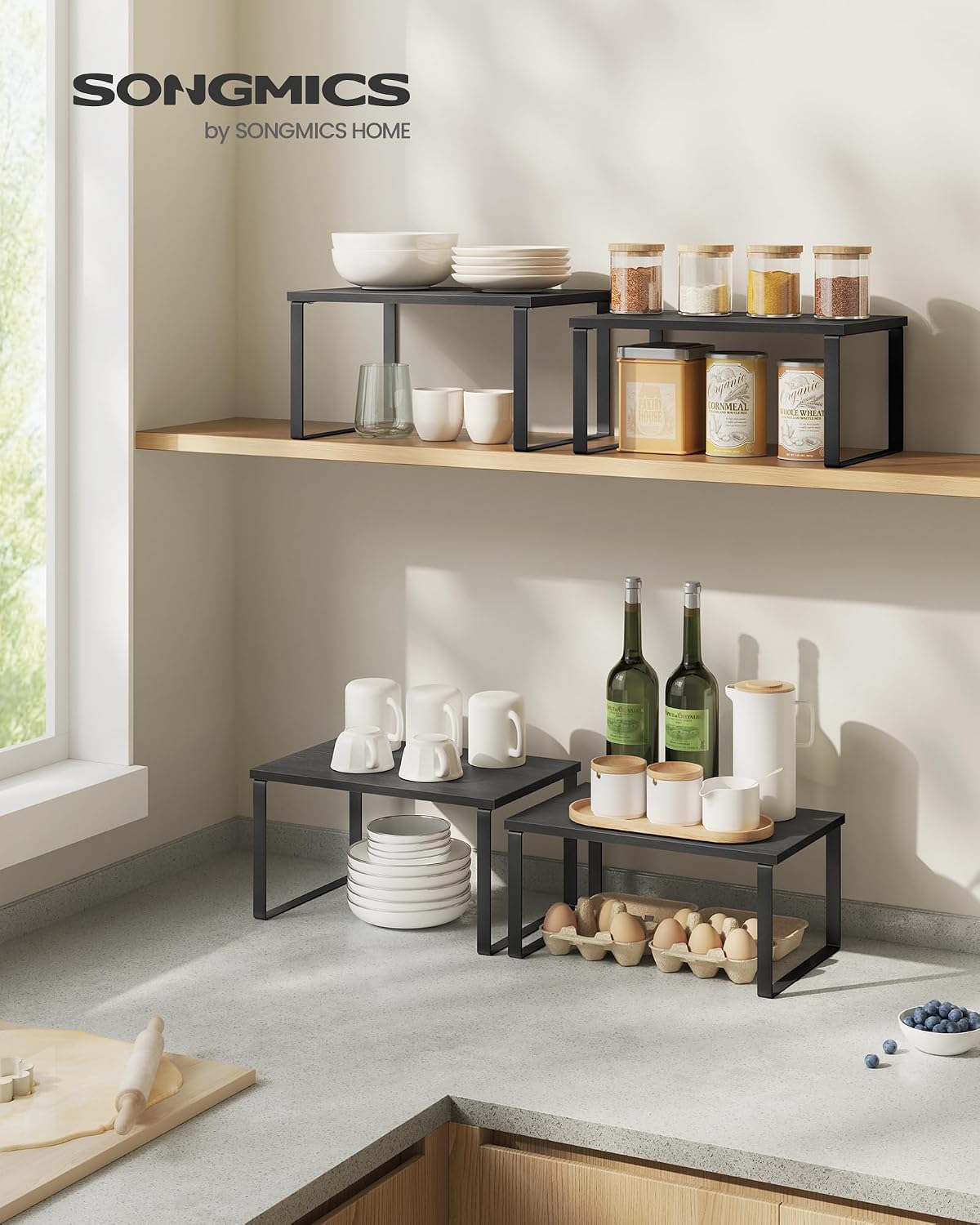 SONGMICS Cabinet Organizer Shelf, Set of 4, Stackable, Expandable
