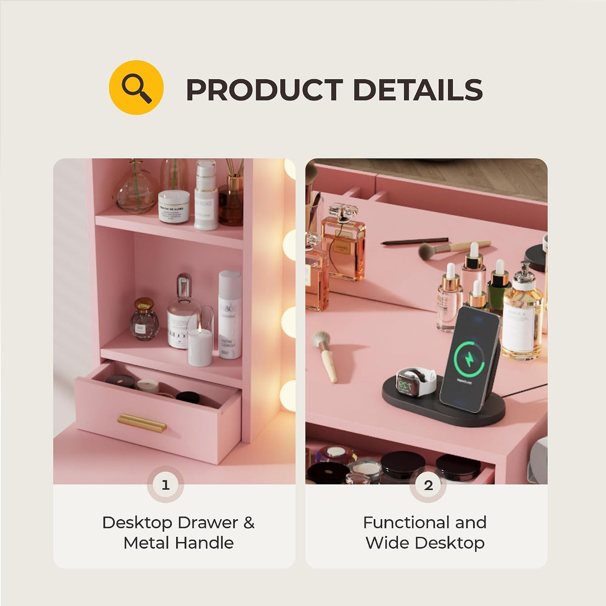 Otterease 35" Makeup Vanity Desk with LED Mirror, 5 Drawers, Pink