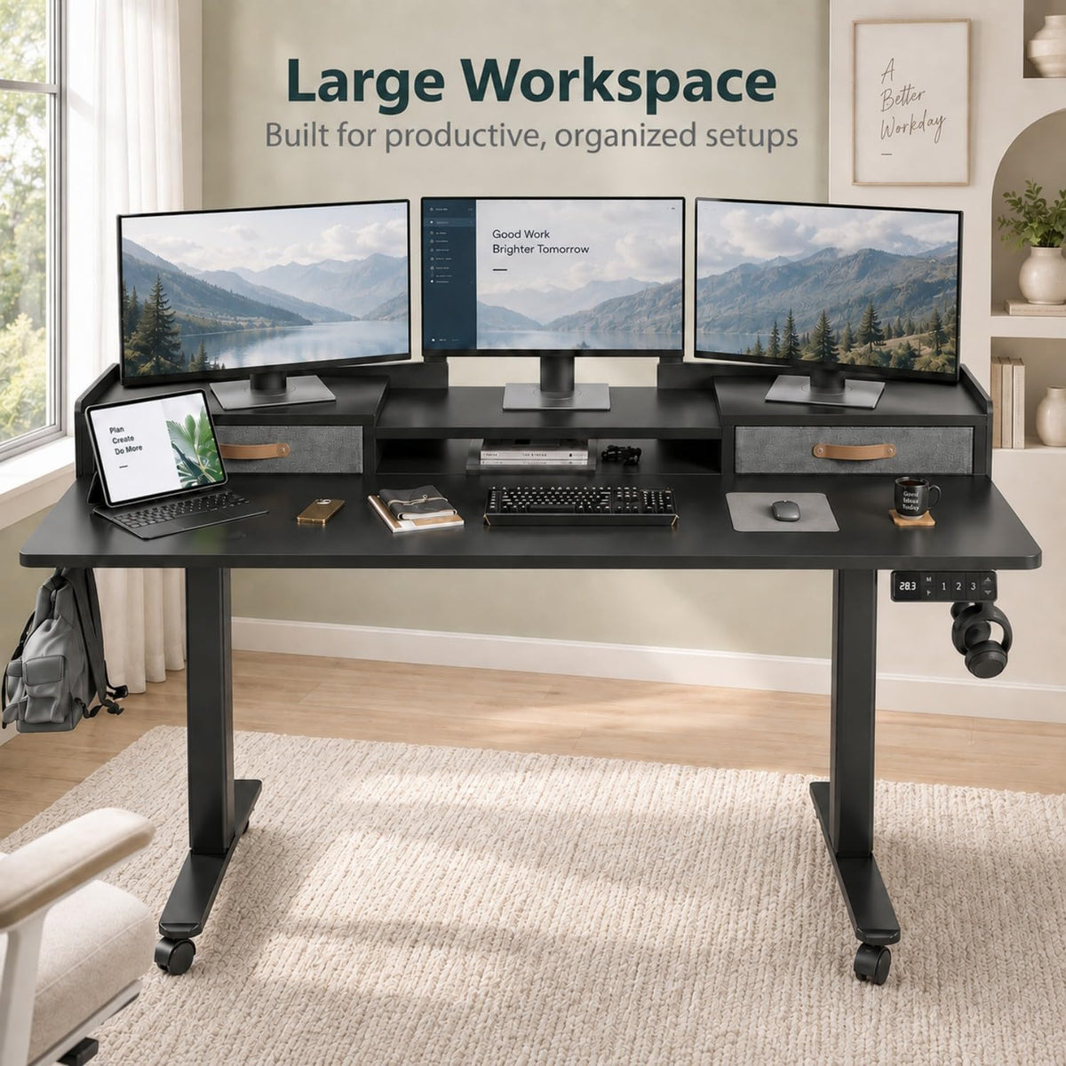 YDN 63 Inch Electric Standing Desk with Drawers & Wheels, Black