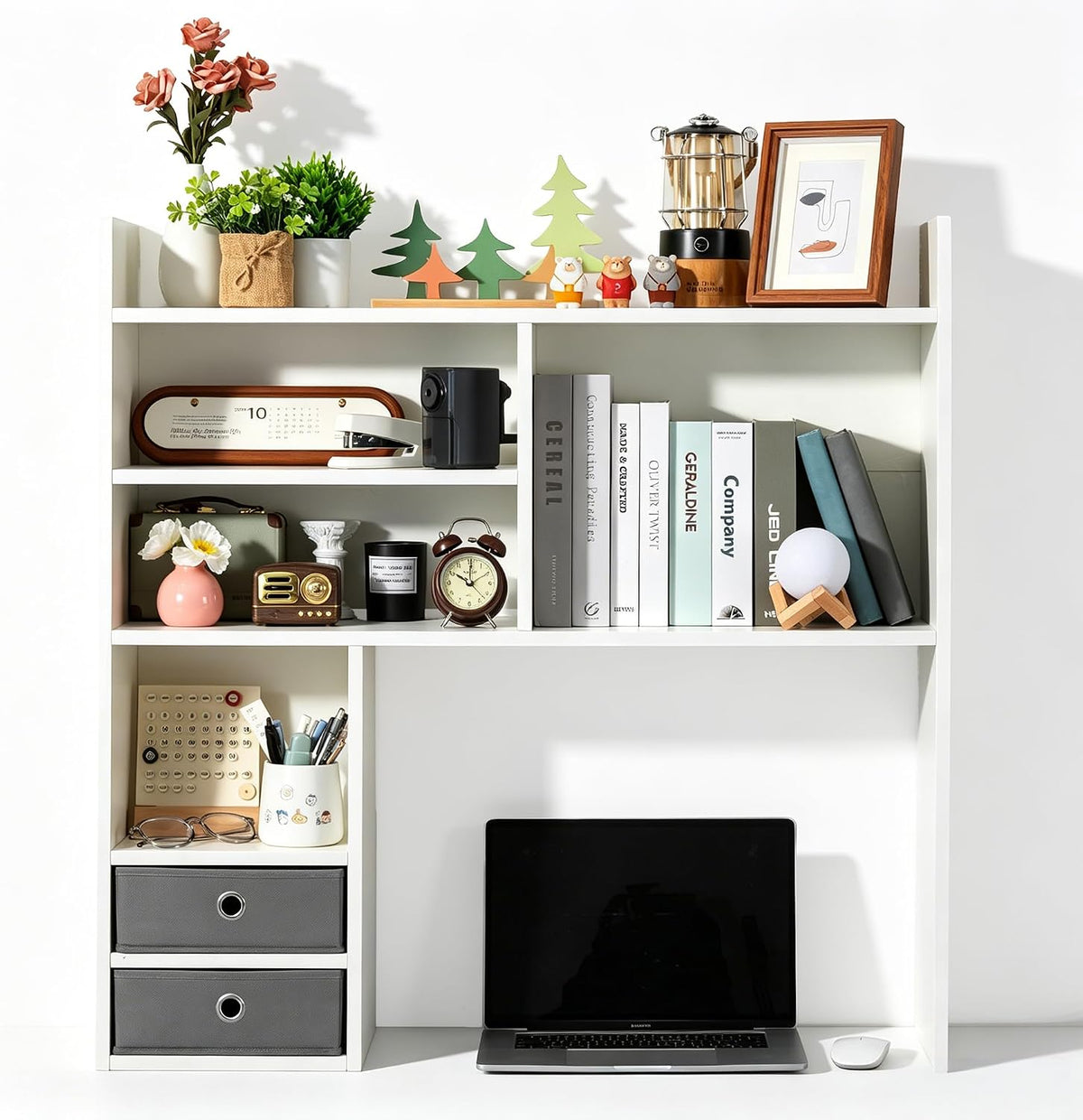 deli Desktop Bookshelf, High-Capacity Desk Hutch Organizer, White