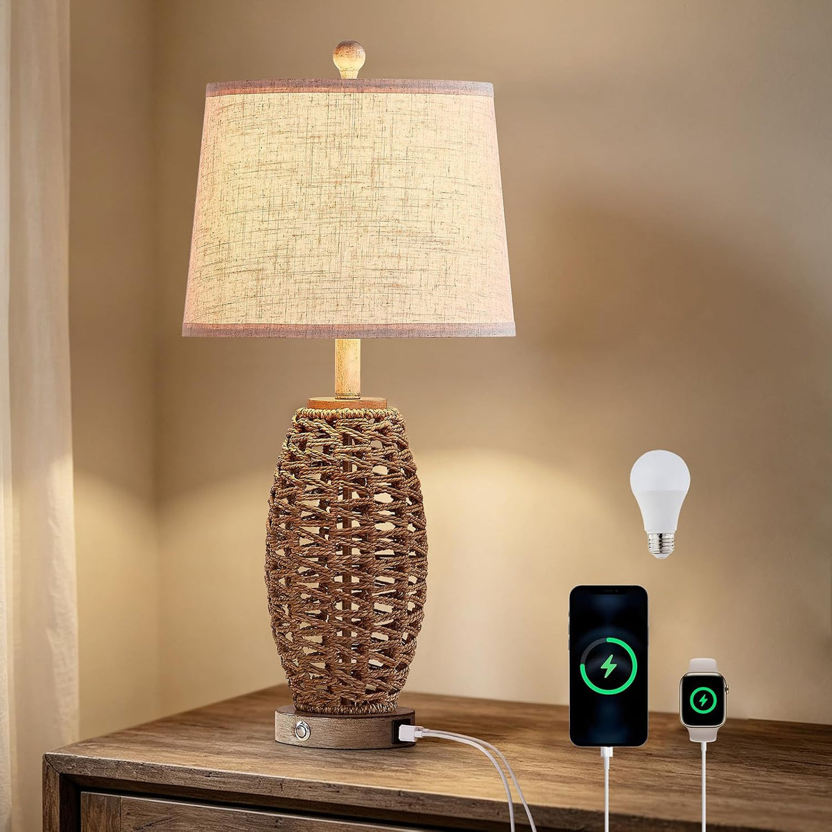 Rattan Table Lamp for Living Room, Dimmable Touch Lamp for Bedside Table in B...