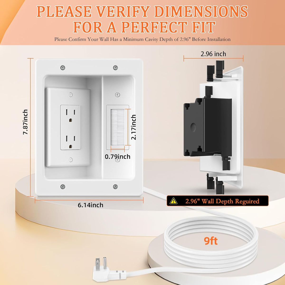 in Wall Cable Concealer Kit with Brush Wall Plate,Recessed Outlet Box,9ft Cor...