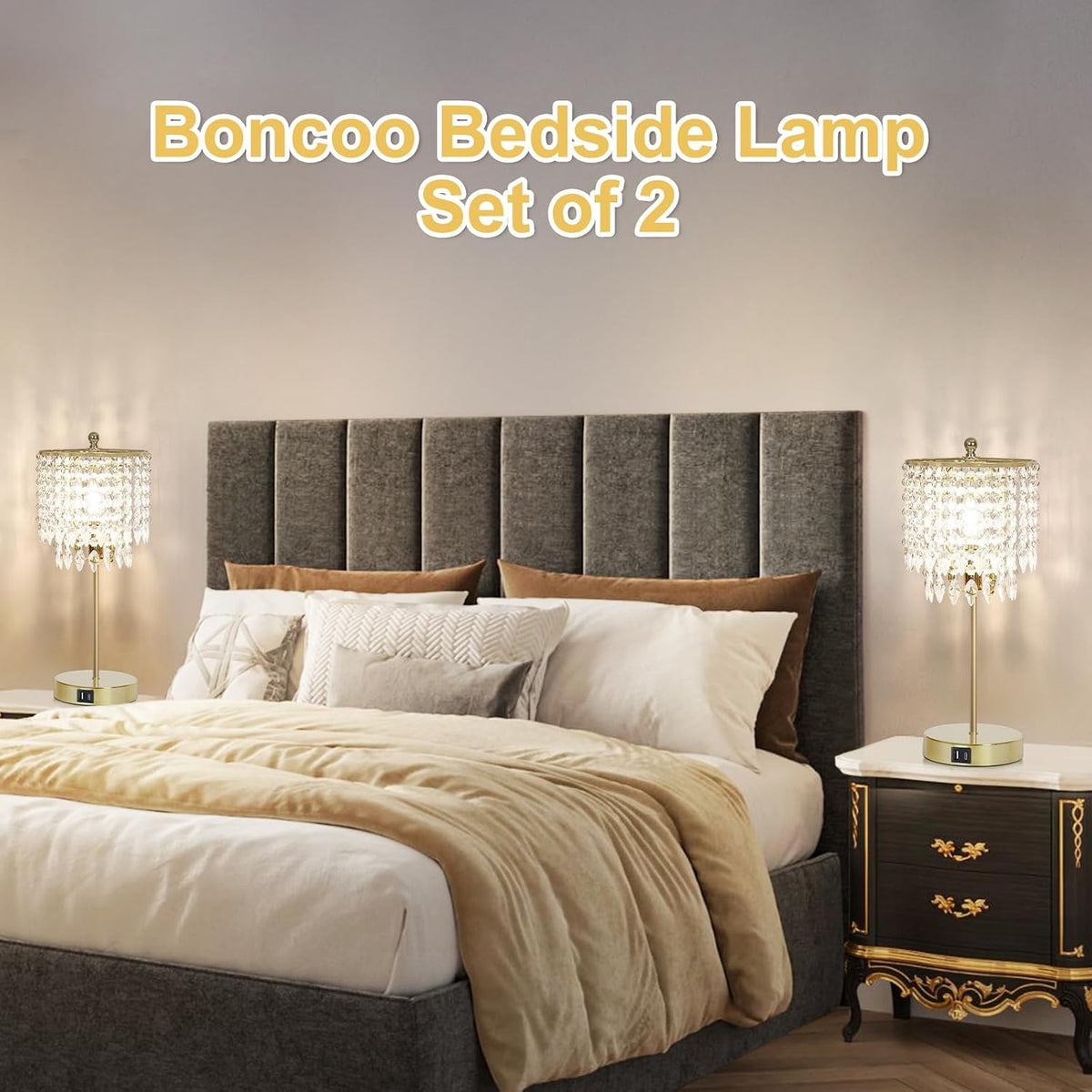 Crystal Table Lamp Set of 2, 3-Way Dimmable Nightstand Lamp with 2 USB Chargi...