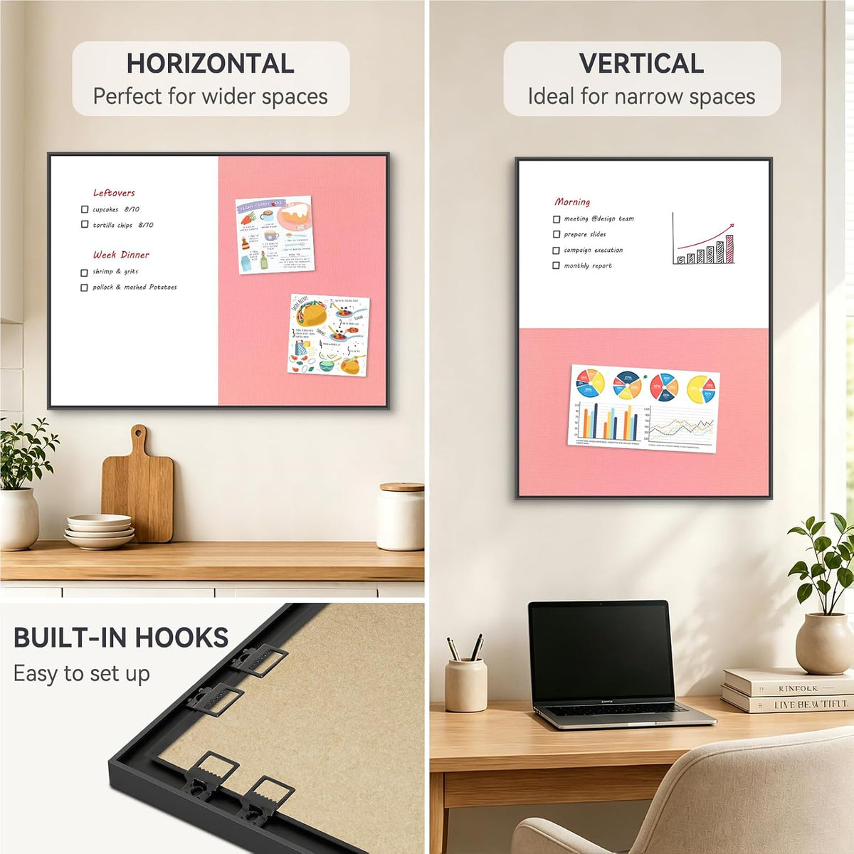 Whiteboard Bulletin Board Combo, 24"x18" Dry Erase Linen Cork Board