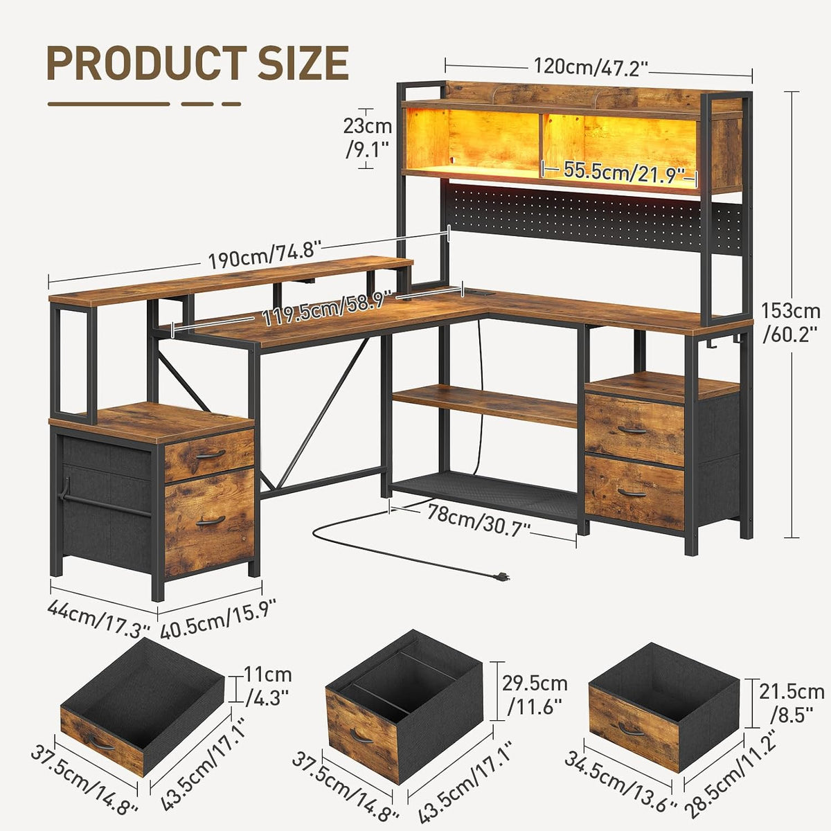 RALGEND L Shaped Gaming Desk with Storage Drawers & Shelves, Power Outlets