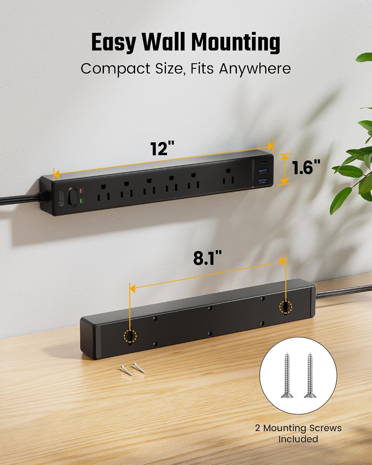 20Ft Long Extension Cord, SUPERDANNY Flat Plug Surge Protector Power Strip