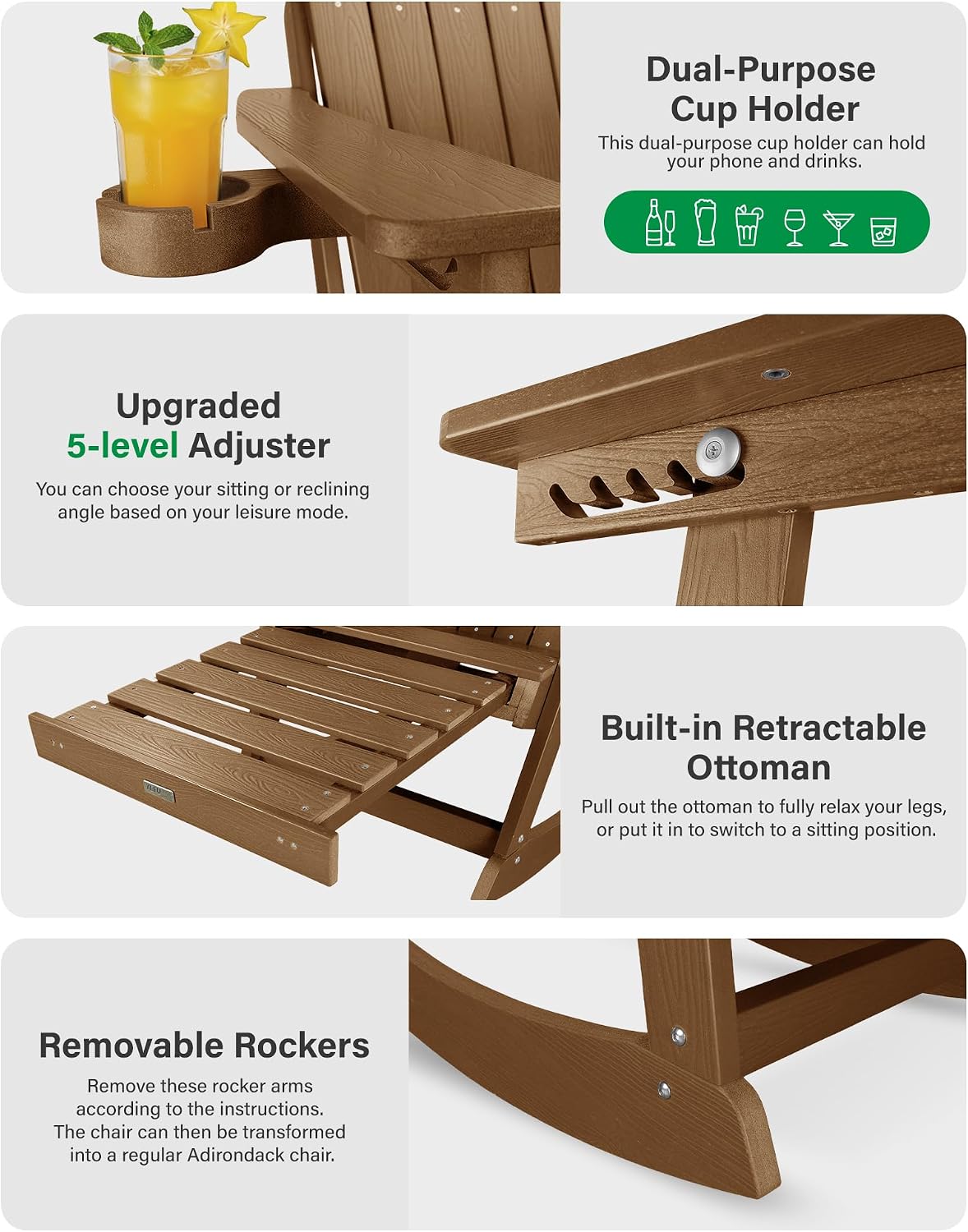 YEFU Adirondack Rocking Chairs Set of 2, with Footrest, 5-Level Adjustable