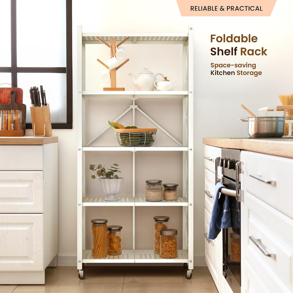 Our Modern Space 5-Tier Foldable Storage Shelf with Wheels | Metal Rack Colla...