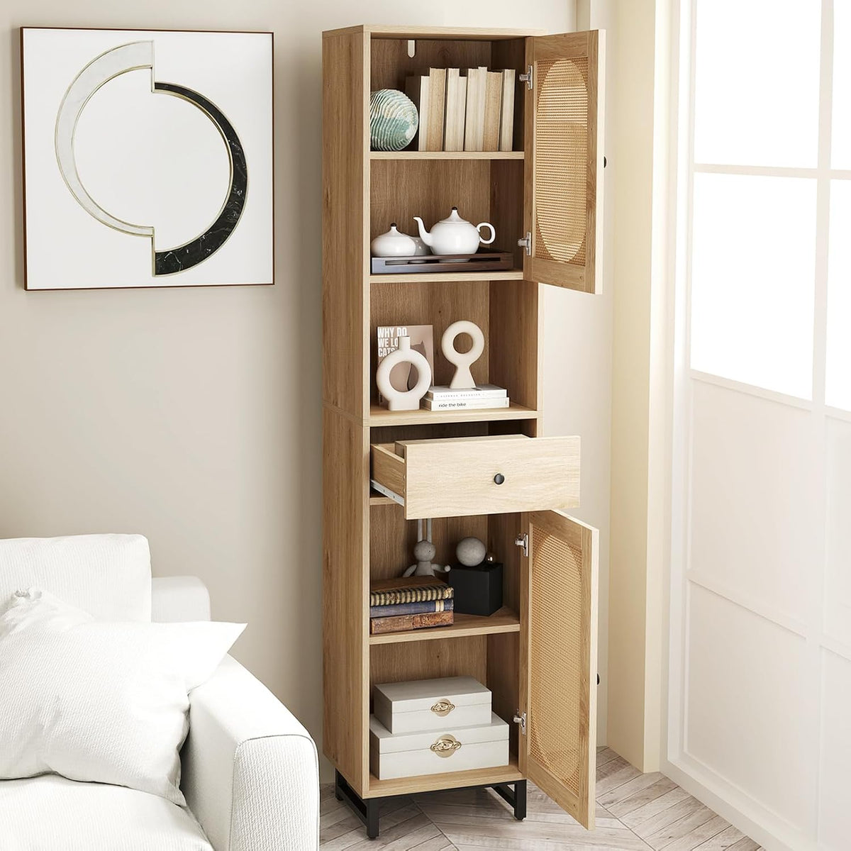 GIANTEX 67" Tall Bathroom Cabinet, PE Rattan Storage Cabinet with 2 Door...