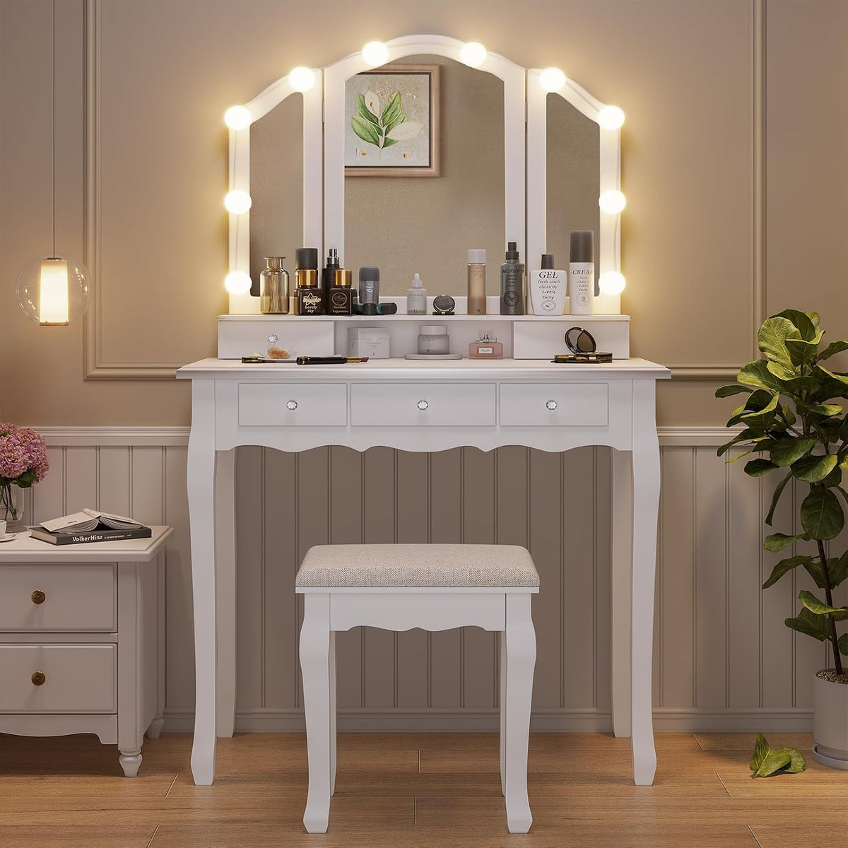 Tiptiper Makeup Vanity with Lighted Mirror and Stool, White