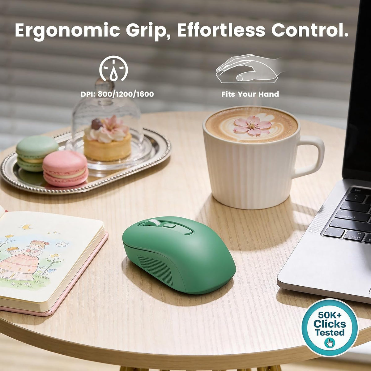 Wireless Keyboard Mouse, Magnetic Wrist Rest, Round Keycaps, Green & Black