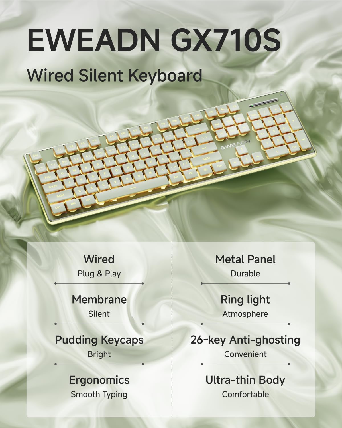 Wired Keyboard with Warm Backlit, Never Fade, Soft Click Typing, Green