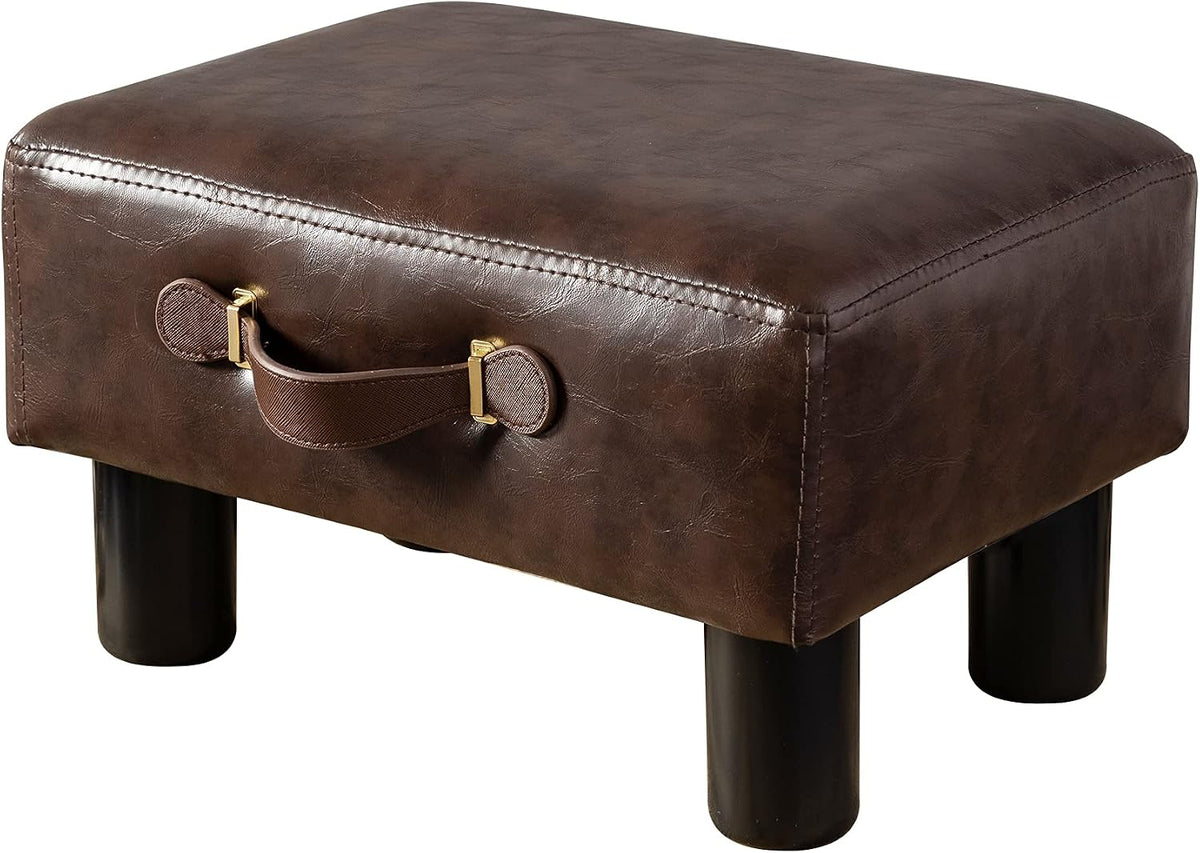 Small Foot Stool with Handle, Brown Faux Leather Short Foot Stool Rest, Recta...