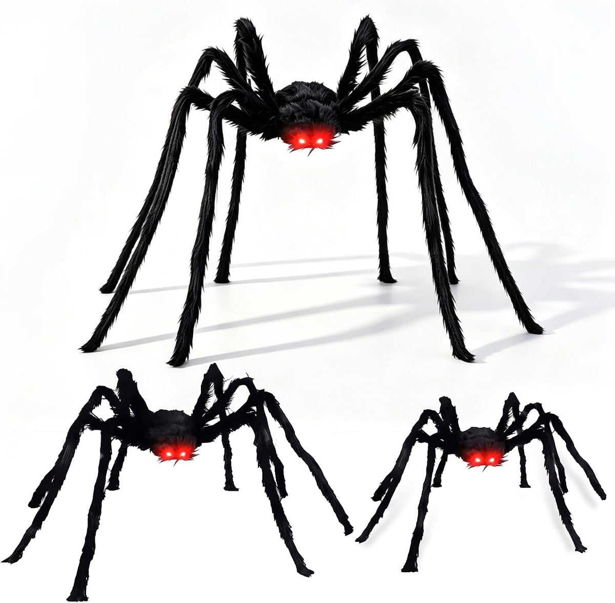 8Ft Giant Hairy Black Spider with Glowing Eyes, 3 Packs(8Ft+5Ft+3Ft) Hallowee...
