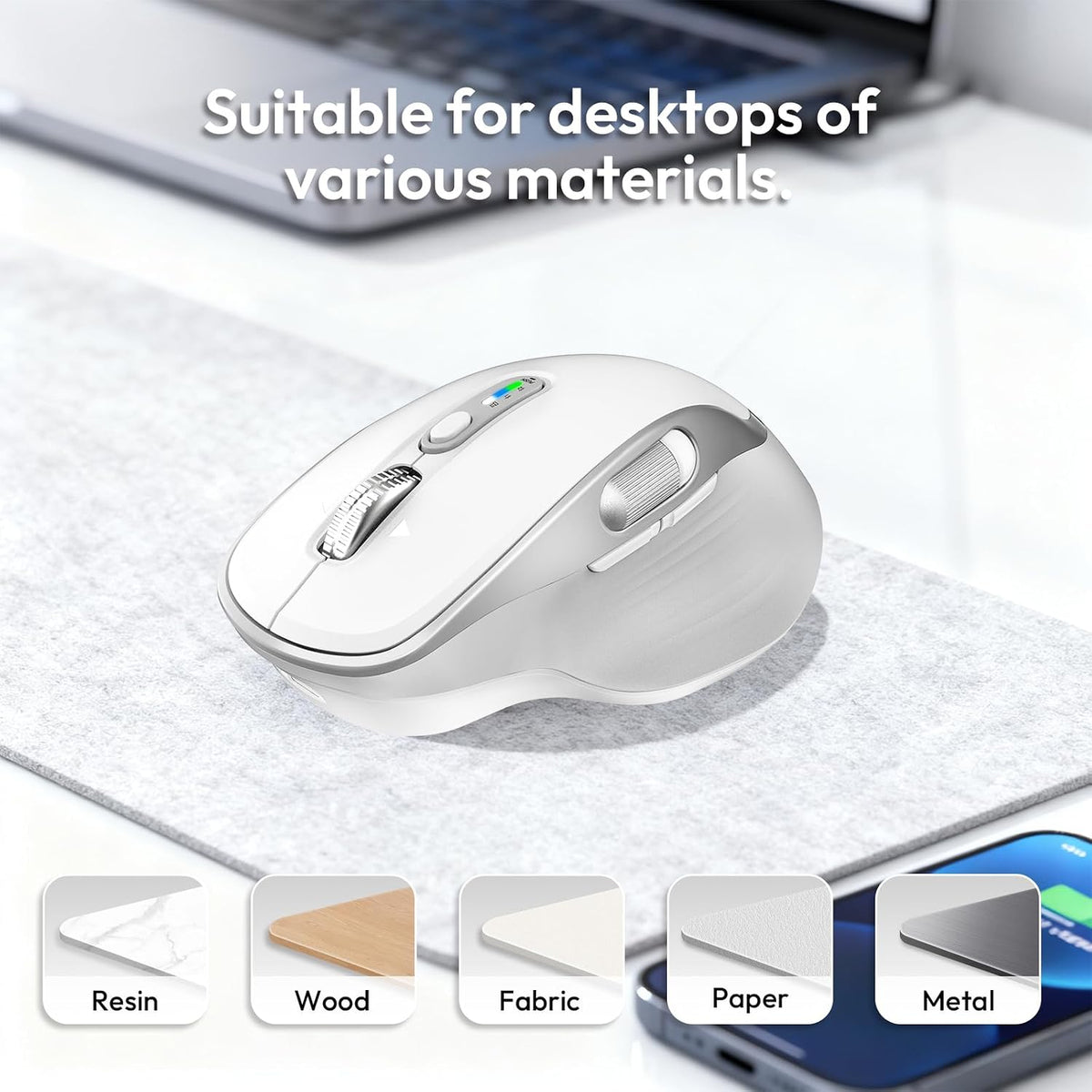 Rechargeable Wireless Mouse with Side Scroll Bluetooth Mouse -White
