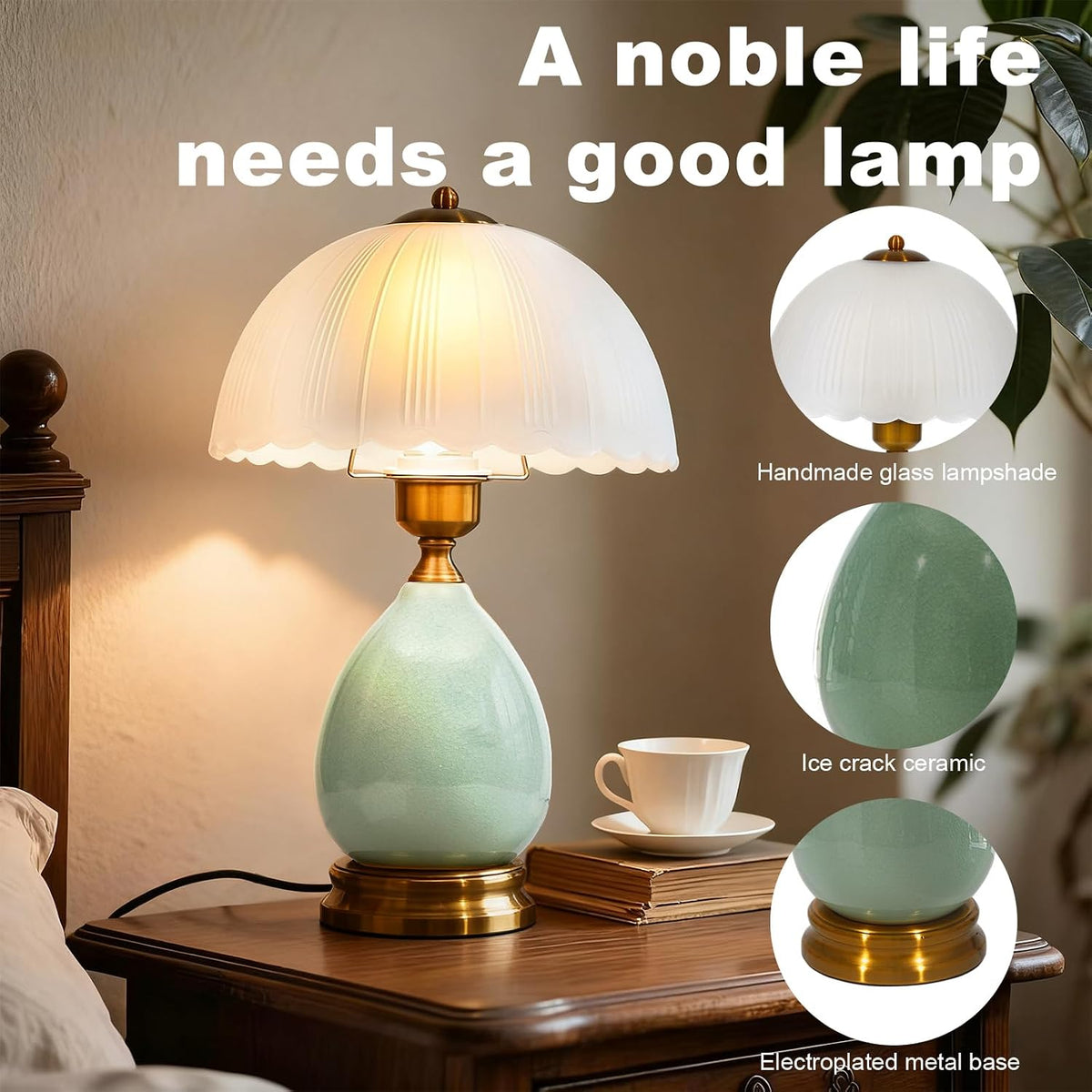 Ceramic Retro Table Lamp, Vintage, 15", Chinoiserie Green Glass