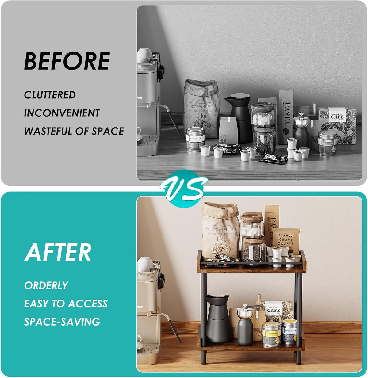 Coffee Bar Organizer and Kitchen Countertop Shelf - 2 Tier Spice Rack, Mug Ho...