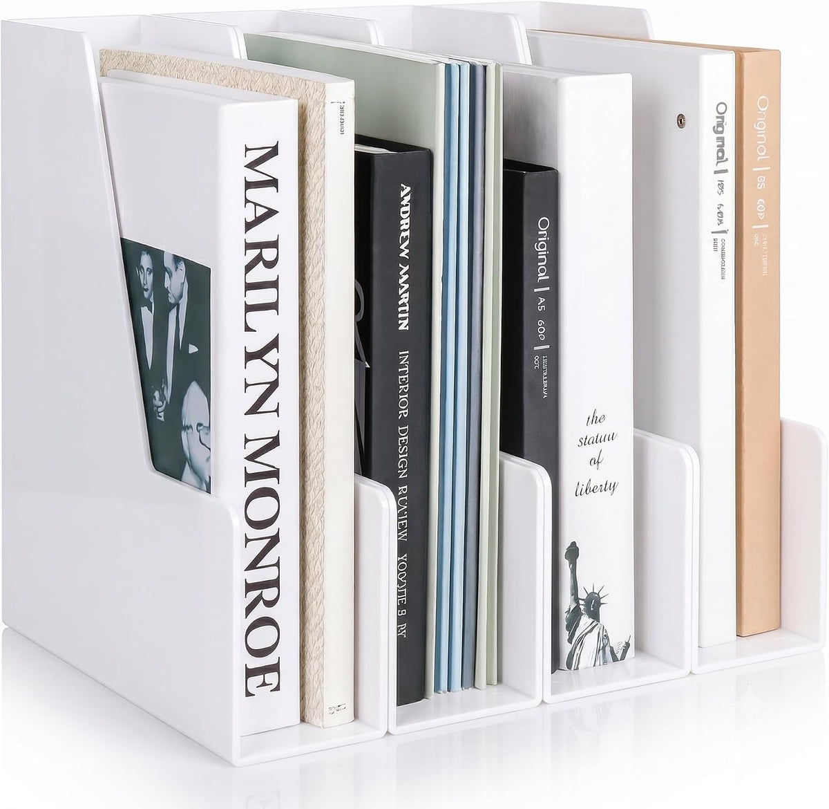 LALOBLUE White Vertical File Organizer, 4 Section Magazine Holder for Desk, D...