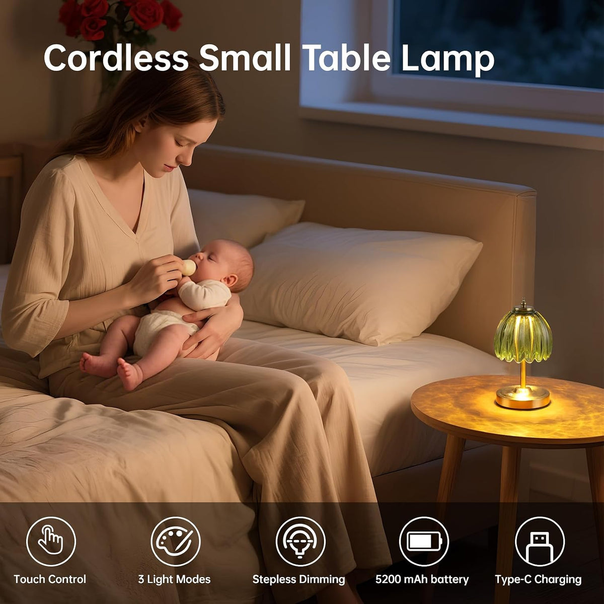 Shenmoyl Tulip Small Table Lamp, 5200mAh Cordless Touch Control Mini Table La...
