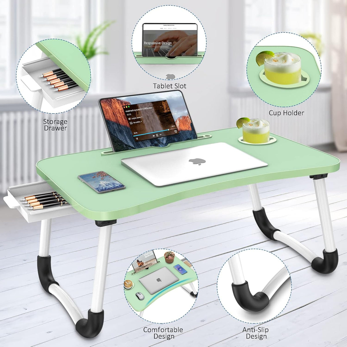 Fayquaze Portable Foldable Laptop Bed Desk with Storage Drawer and Cup Holder...