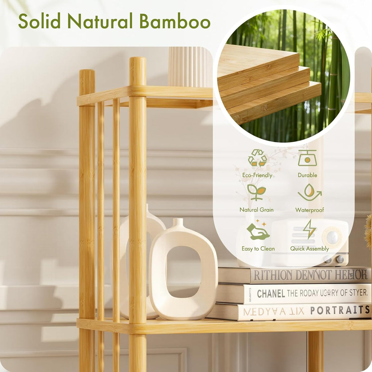 5 Tier Book Shelf, Tall Bamboo Bookcase, Wide Bookshelf with 10 Open Display ...