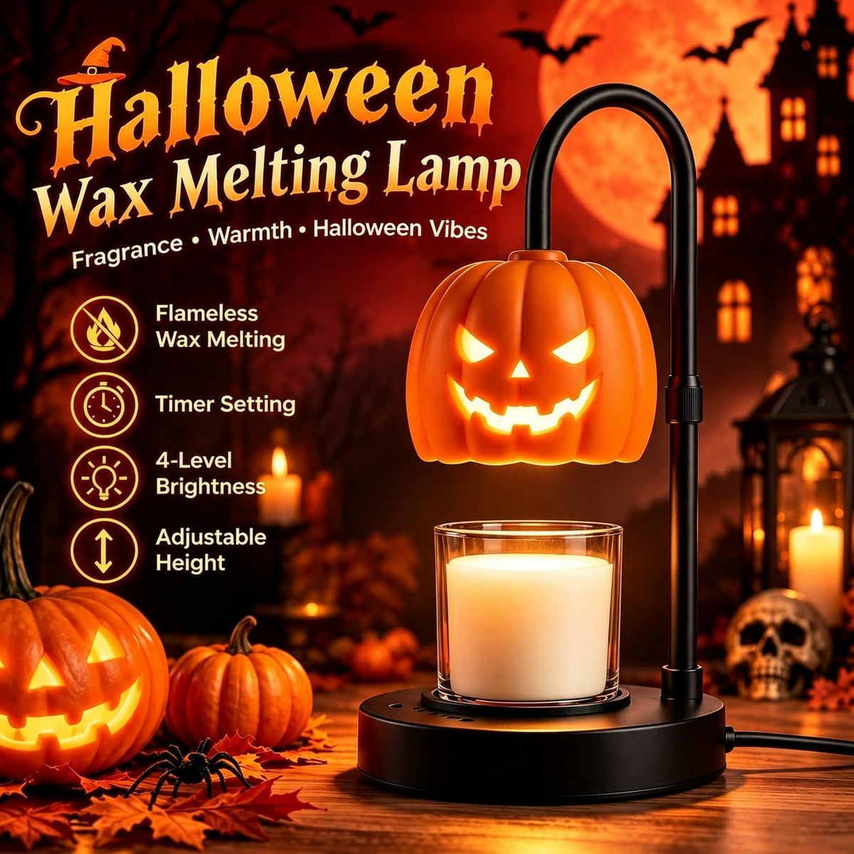 Pumpkin Halloween Candle Warmer Lamp,Spooky Gothic Home Decor with Timer &...