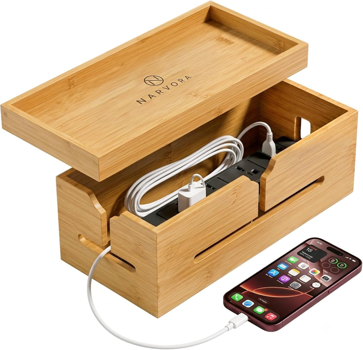 Bamboo Cable Management Box, Large 13.4” Wooden Cord Organizer Box