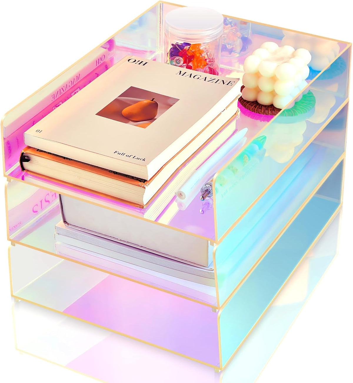 Suzile 3 Pcs Iridescent Acrylic Letter Organizer 12.6 x 9.5 x 2.8 Inches Stac...