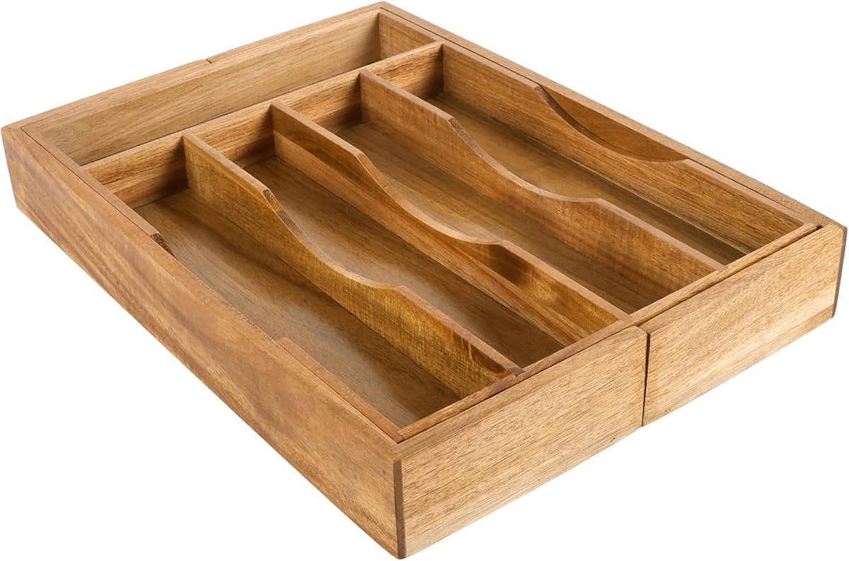 Expandable Acacia Kitchen Drawer Organizer for Cutlery and Utensils, Adjustab...