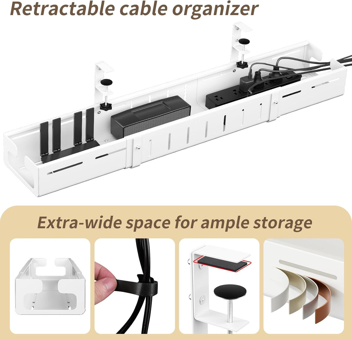 Under Desk Cable Management Tray,Expandable 25.2" – 38.6",White